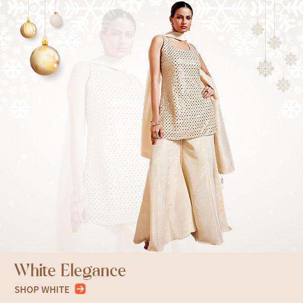 Xmas Preview: White Party Wear Salwar Suits, Sarees, Dresses & more. Shop here!