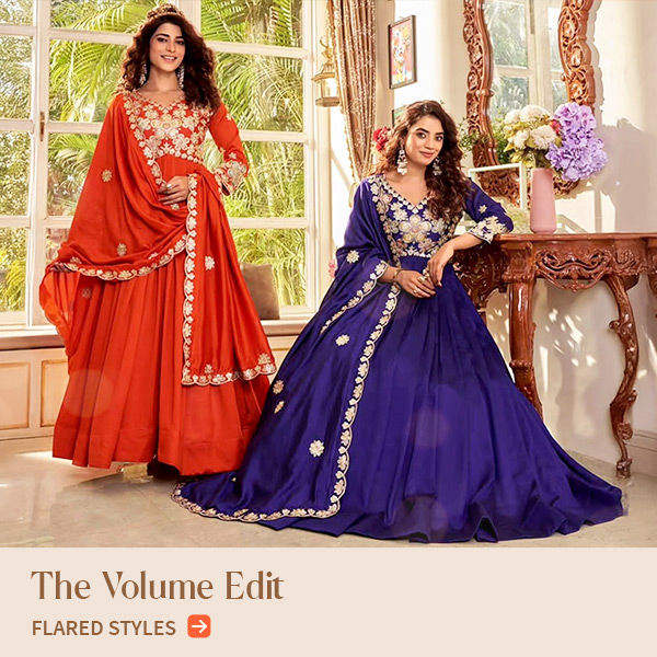 Flared Abaya Style Suits, CIrcular Lehengas, Flowy gowns & more. Shop!
