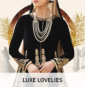 Array of Silk, Velvet, Brocade fabrics with Zari, Sequins and Stone work for the luxe look. Shop! Array of Silk, Velvet, Brocade fabrics with Zari, Sequins and Stone work for the luxe look. Shop!