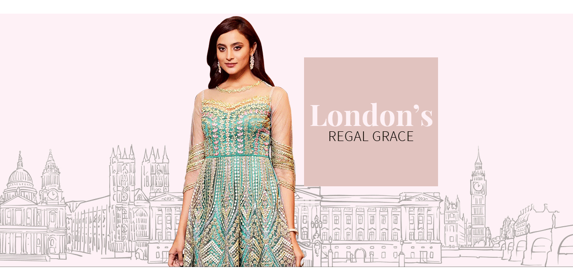 Sarees with Zari work, Top Bottom Sets in Jewel Tones, Digital Printed Gowns, etc. inspired by London’s fashion runway. Shop! Sarees with Zari work, Top Bottom Sets in Jewel Tones, Digital Printed Gowns, etc. inspired by London’s fashion runway. Shop!