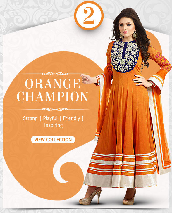 Captivating range of Sarees, Salwar Kameez, Lehengas, Indo Westerns & Add-ons in shades of Orange. Shop!