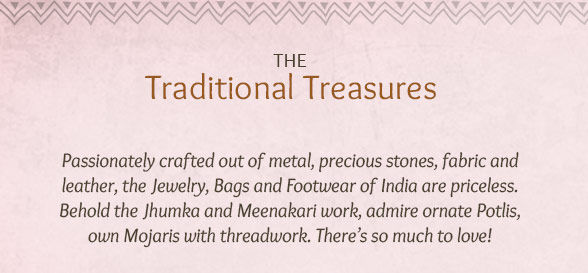 A range of Meenakari Jewelry, Jhumkas, Potlis, Mojaris, Kolhapuris & more. Shop!