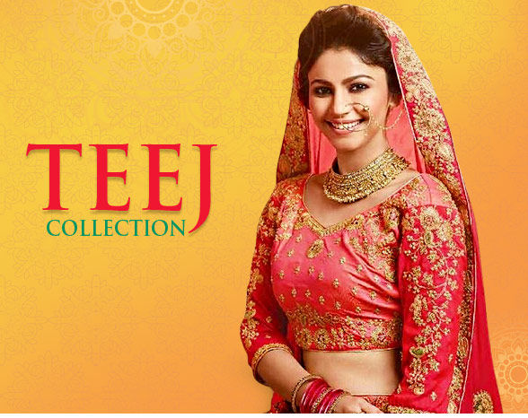 Teej Collection: Embroidered Ensembles, Bandhej, Lehariya, Gota Patti & Jewelry. Shop! Teej Collection: Embroidered Ensembles, Bandhej, Lehariya, Gota Patti & Jewelry. Shop!