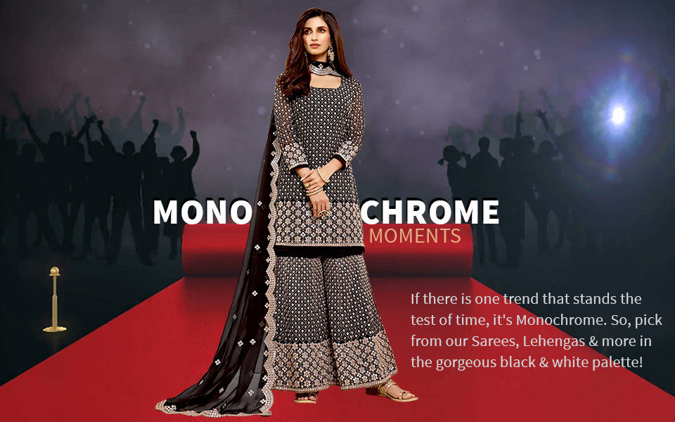Printed Sarees, Salwar Suits, Top-Bottom Sets, & more in Black and White. Shop!