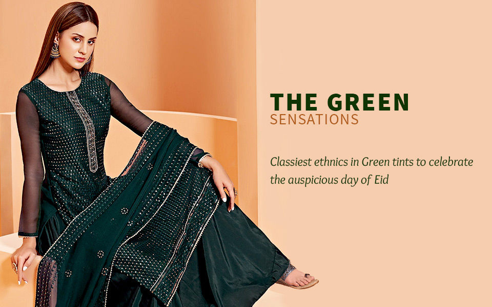 Pakistani Suits, Printed Sarees, Top & Bottom Sets and more in Green shades. Shop!