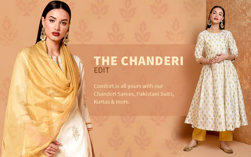 Summer-friendly Sarees, Straight-Cut Suits, Top-Bottom Sets, etc., in Chanderi fabric. Shop!