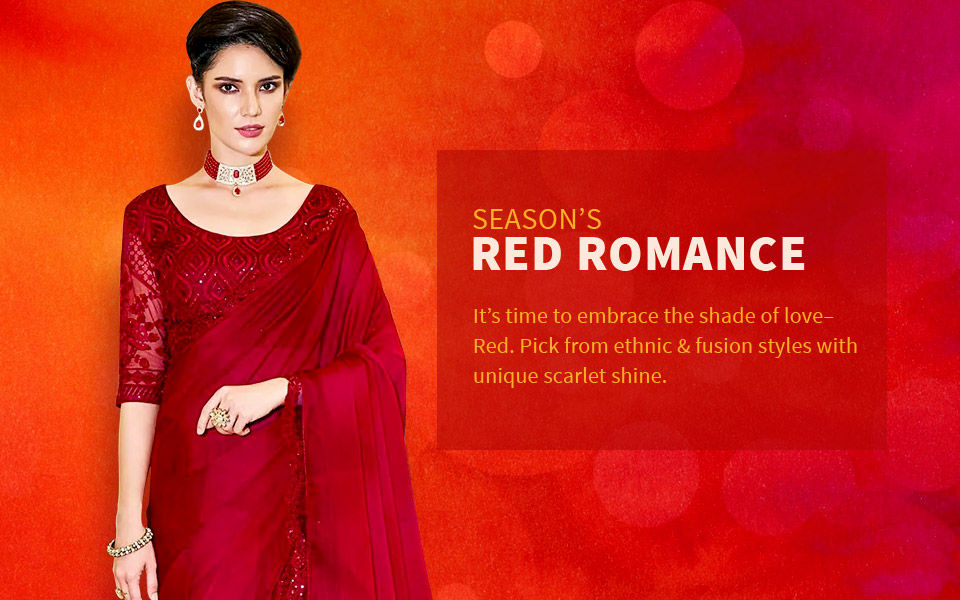 Sarees, Abaya Style Suits, Gowns, etc. in Red, the color of the season of love. Shop!