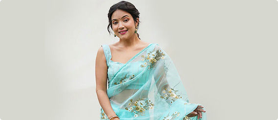 Sheer, comfortable, easy-to-drape Organza Sarees for Desi girls. Shop!