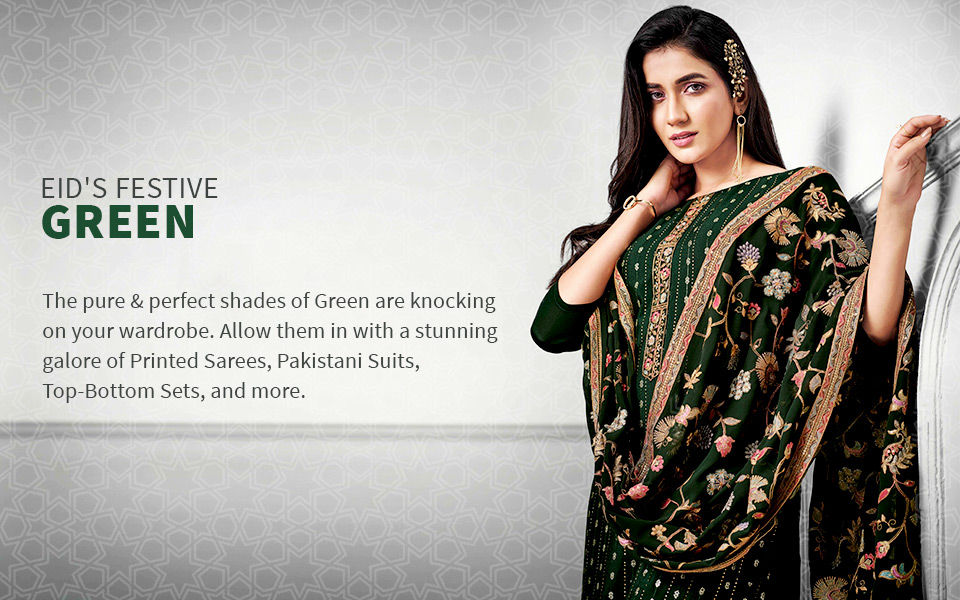 Eid Edit: Festive Printed Sarees, Pakistani Suits, Top-Bottom Sets, etc., in Green color. Shop!