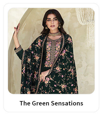 Eid Edit: Festive Printed Sarees, Pakistani Suits, Top-Bottom Sets, etc., in Green color. Shop!
