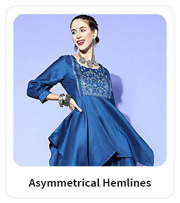 Asymmetric styles in Salwar Suits, Top-Bottom Sets, Dresses, & more. Shop!