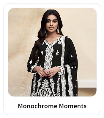 Printed Sarees, Salwar Suits, Top-Bottom Sets, & more in Black and White. Shop!