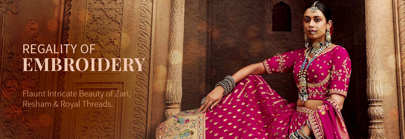 Embroidered Suits, Sarees, Top-Bottom Sets, etc., with Zari & Resham work. Shop!