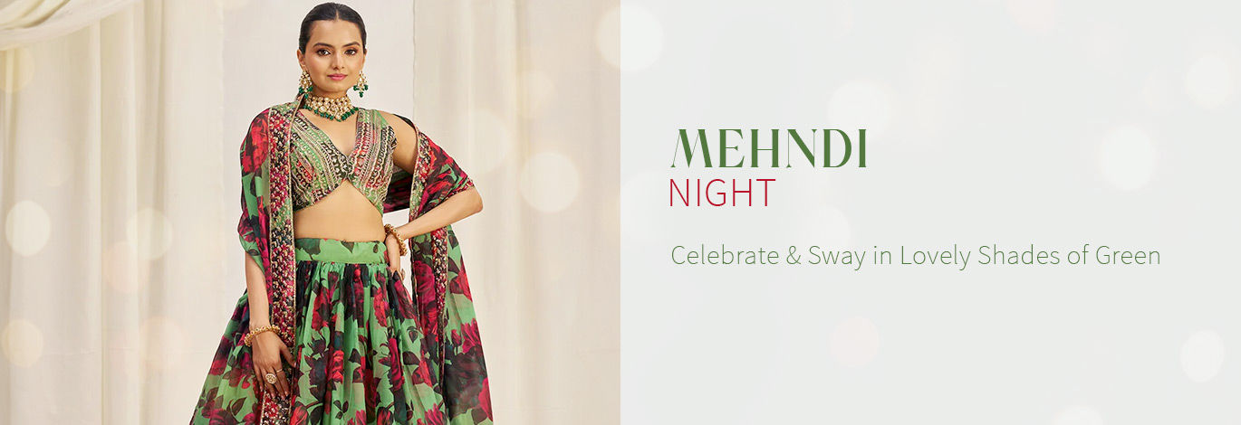 Get Mehendi Ready in Green Printed Lehengas, Top & Bottom Sets, Chiffon and Georgette Sarees with Gota patti. Buy!