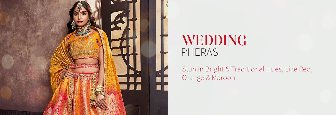 Wedding Pheras Edit in Bright Red, Orange, or Maroon Banarasi Sarees, A-Line Lehengas, and more. Shop!