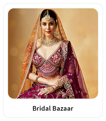 Bridal Wear Collection: Kanchipuram Silk Sarees, Traditional Lehengas, Necklaces, etc., in Red, Maroon, Wine, and other colors for brides. Shop!