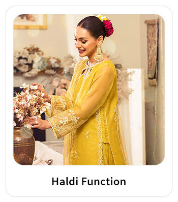 Wedding Collection: Printed Georgette Sarees, Cotton Pakistani Suits, etc. in Yellow, Mustard, and Orange for the Haldi ceremony. Shop!