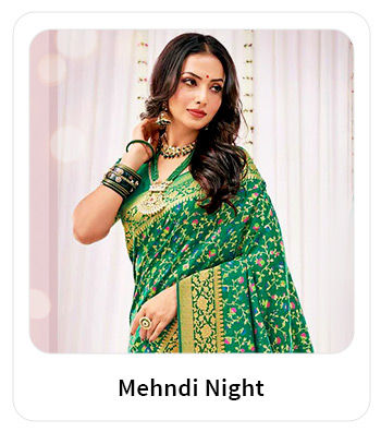 Wedding Collection: Top Bottom Sets, Georgette Sarees, Jewrly, etc., in green for the Mehendi ceremony. Shop!