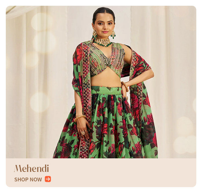 Get Mehendi Ready in Green Printed Lehengas, Top & Bottom Sets, Chiffon and Georgette Sarees with Gota patti. Buy!