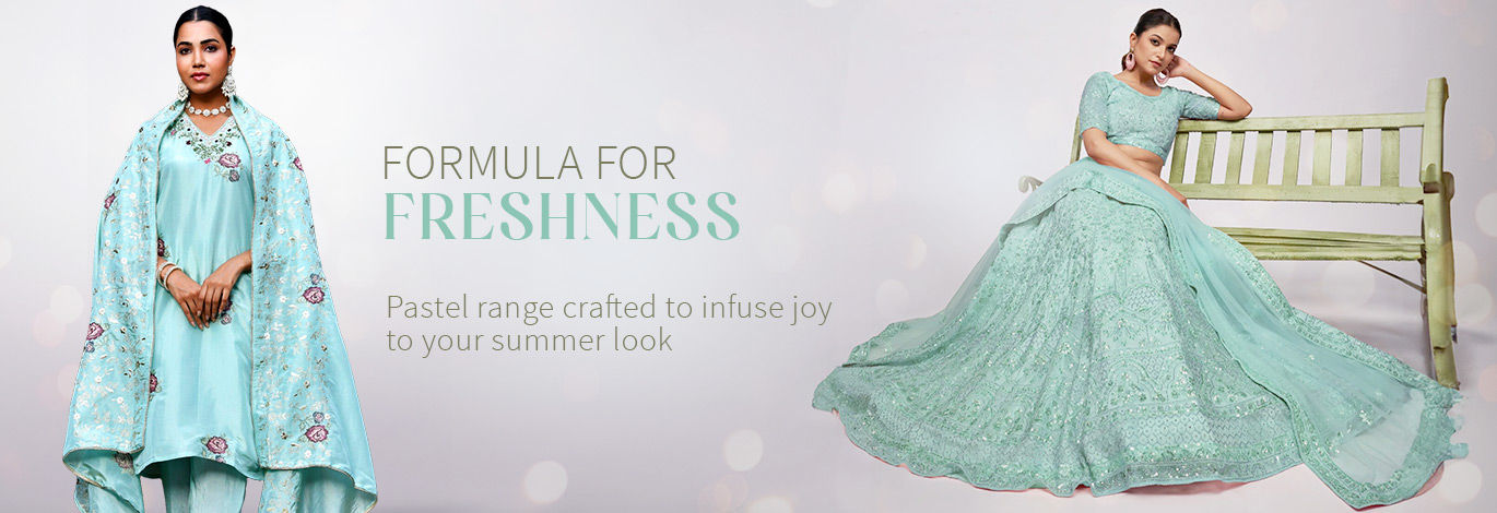 Embroidered Sarees, Pakistani Suits, Indo-western Top-Bottom Sets, etc., in Pastel colors. Shop!