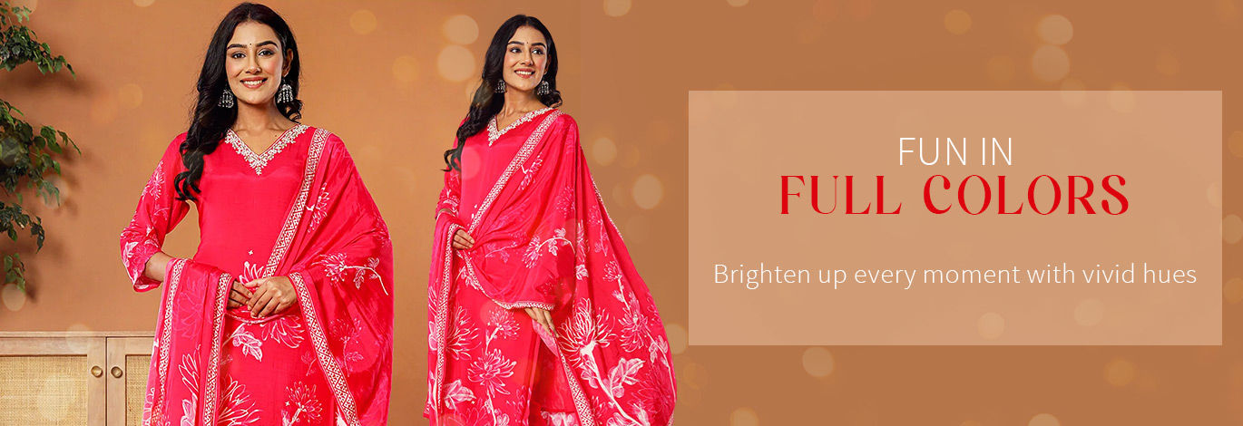 Embroidered Sarees, Pakistani Suits, Top-Bottom Sets, etc. in Bright Colors. Shop!