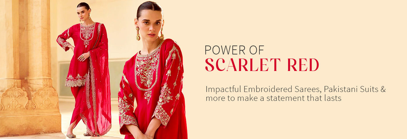 Scarlet Red Embroidered Sarees, Pakistani Suits & much more. Shop!