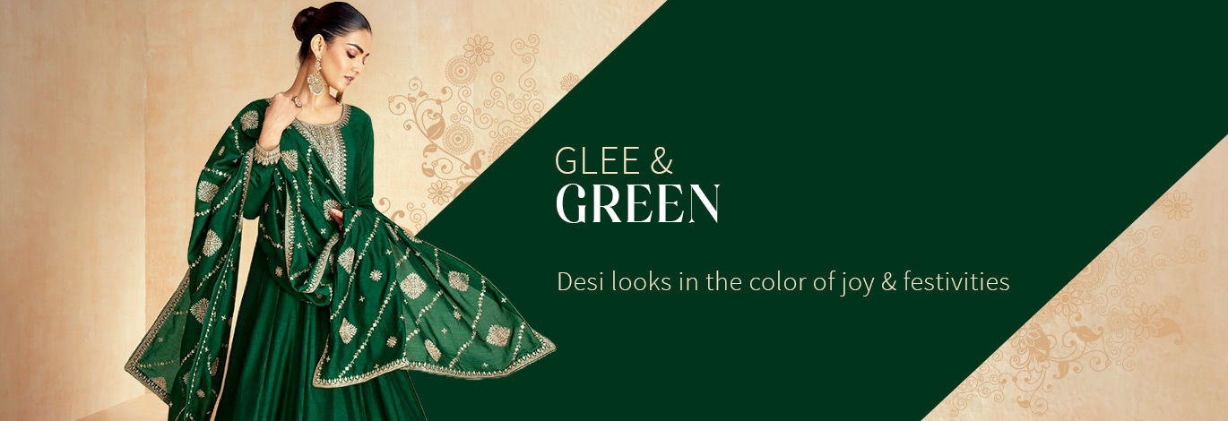 Festive range of Green Pakistani Suits, Abaya Suits, & more. Shop!