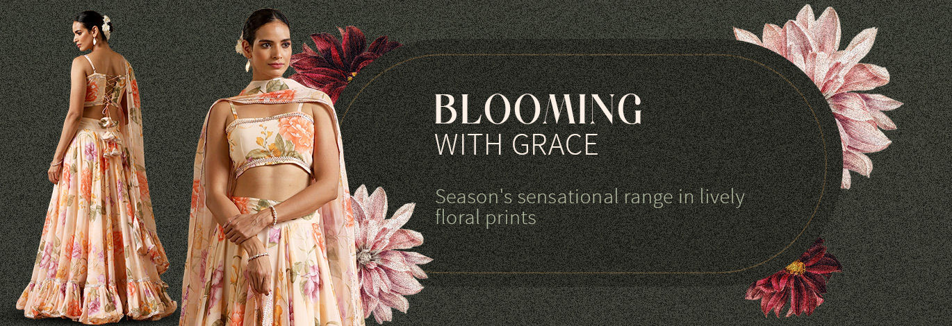 Floral Printed Sarees, Abaya Style Suits, Lehengas, Top & Bottom Sets. Shop now!