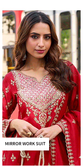 Enchanting collection of Mirror Work Sarees, Salwar Suits & more. Shop!