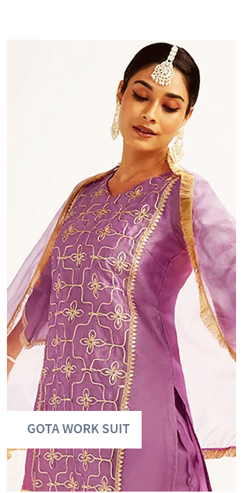 Gota Work Sarees, Salwar Suits, Lehengas & more for festivities. Shop now!