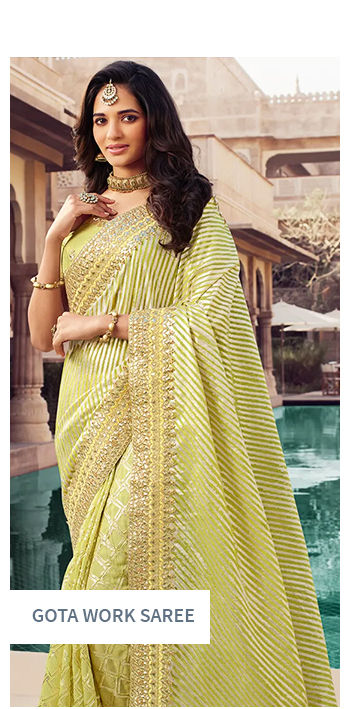 Gota Work Sarees, Salwar Suits, Lehengas & more for festivities. Shop now!
