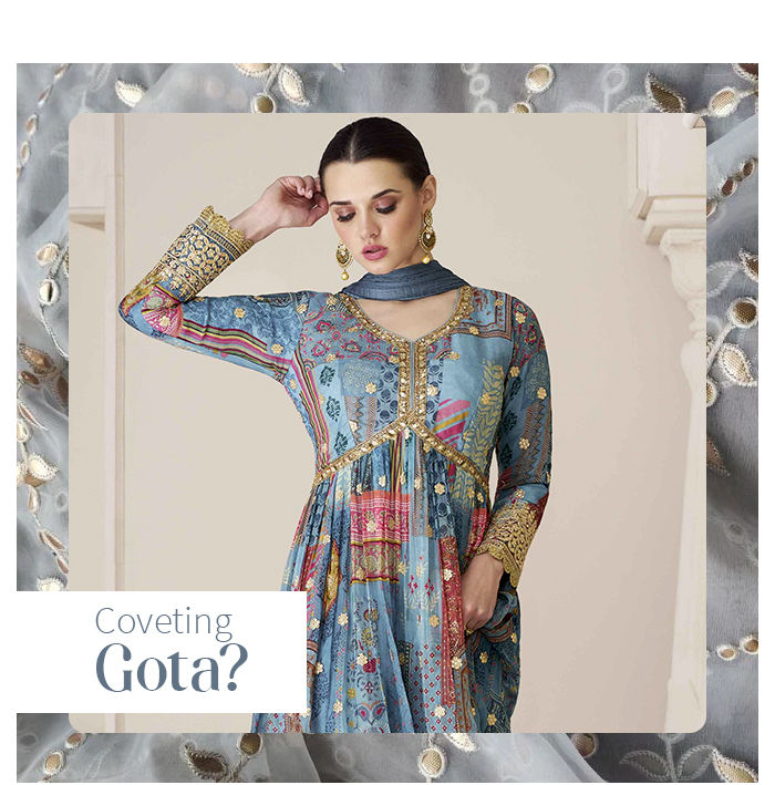 Gota Work Sarees, Salwar Suits, Lehengas & more for festivities. Shop now!