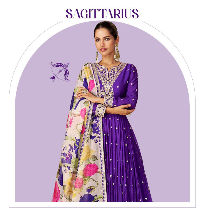 Zodiac  Color Palette 2026: Purple Indian Fashion statements for Sagittarius. Shop!