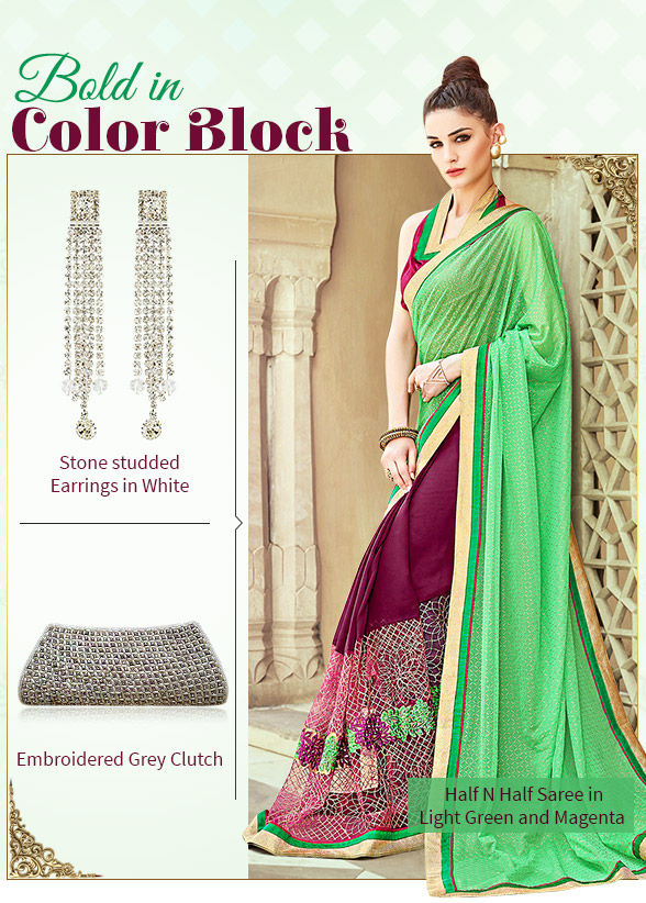 Color blocked Half-n-Half Sarees in dual fabrics with add-ons. Shop!